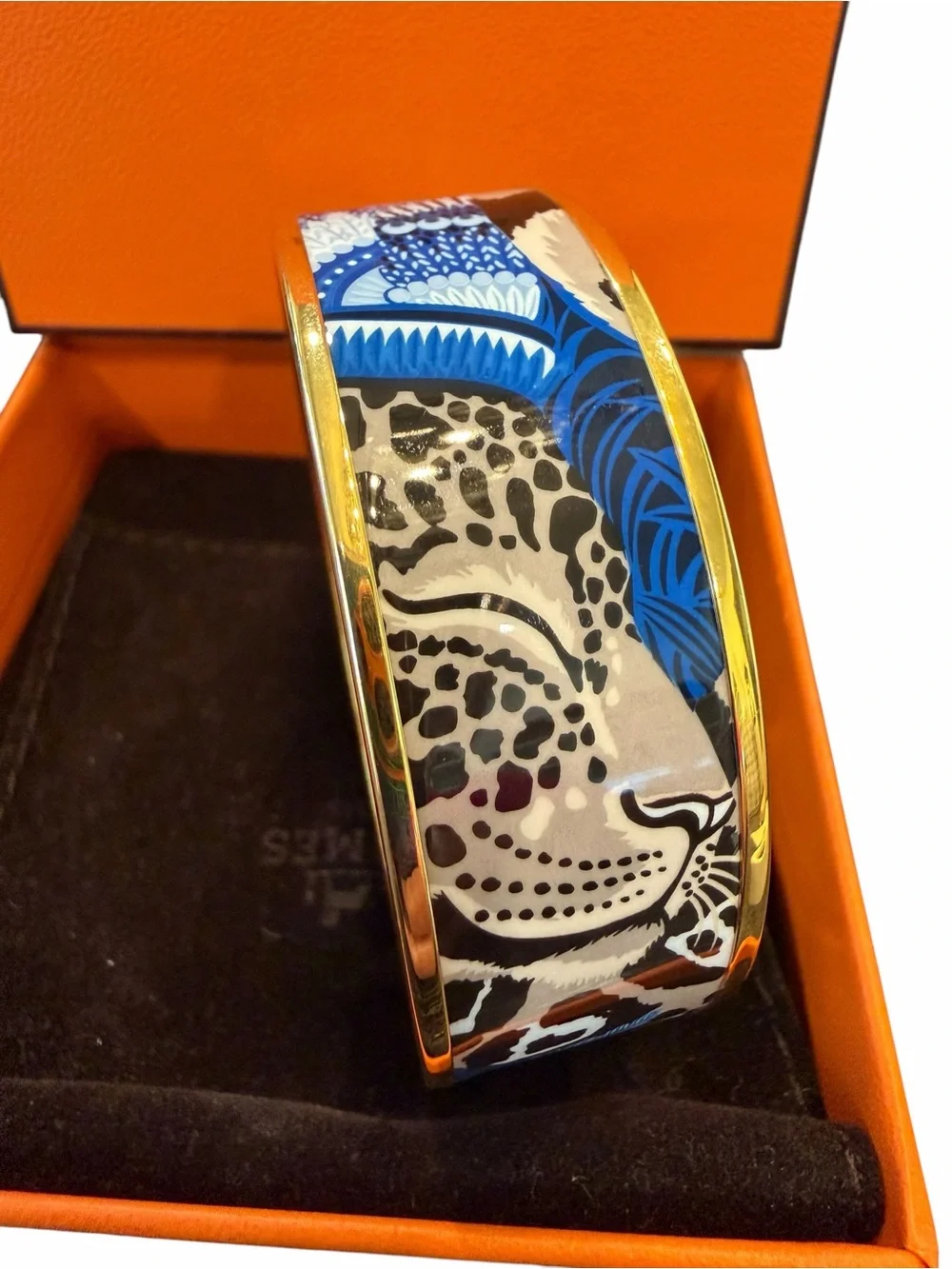 Hermes Blue, Beige & Black Enamel Bangle with Gold Trim